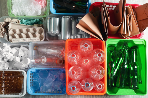 Different types of garbage in boxes. Recycle concept