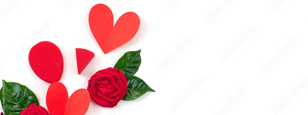 Banner Red heart rose green leaves white background The concept of Valentine's day. Banner Red heart rose green leaves white background The concept of Valentine's day.