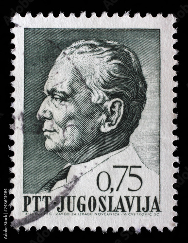 Stamp printed in Yugoslavia shows a portrait of Yugoslavian President Josip Broz Tito, from series 75th birthday of President Josip Broz Tito, circa 1967 © zatletic