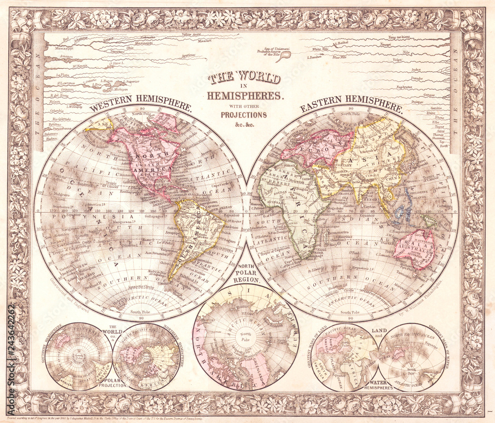 Old Map of the World on Hemisphere Projection, 1864, Mitchell 