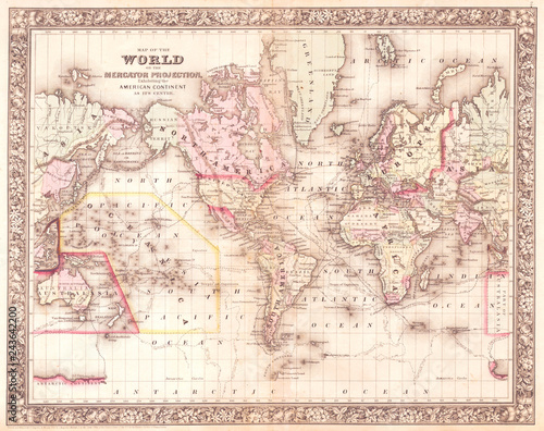 1864, Mitchell Map of the World on Mercator Projection