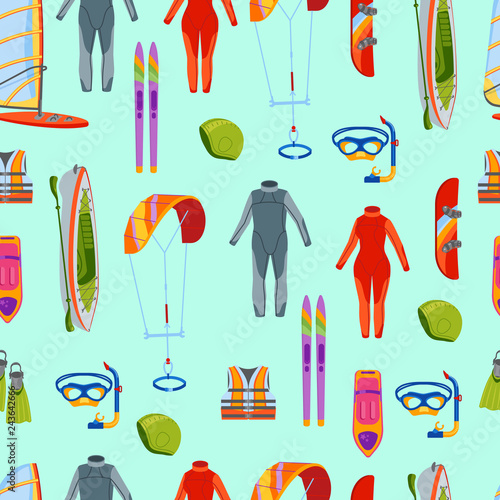 Summer water beach sea sports seamless pattern activities vector illustration. Active people windsurfing, surfing, jet ski snorkel, scuba dive, tubing, ride speed boat banana float tools.
