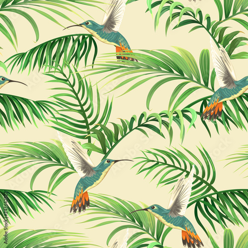 seamless tropical pattern with hummingbirds and palm leaves