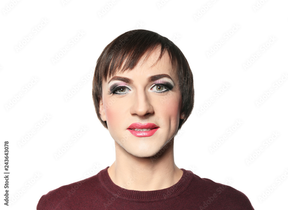 Portrait of transgender man with bright makeup on white background Portrait of transgender man with bright makeup on white background