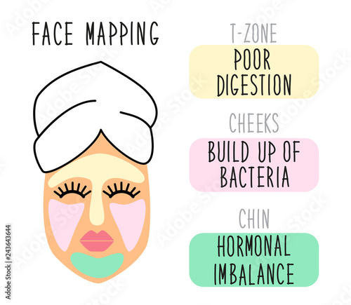 Cute infographic of face mapping, reasons of acne, inflammations or red pigmentation