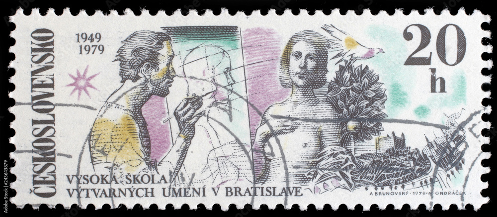 Stamp printed in the Czechoslovakia, dedicated to 30th anniversary of the Fine Arts Academy, Bratislava, shows the Artist and Model, Dove, Bratislava Castle, circa 1979