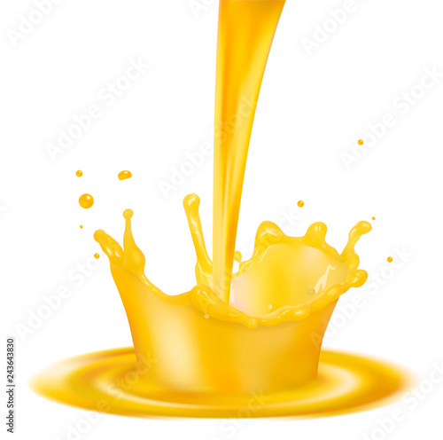 A splash of orange juice with splashes. Vector realistic illustration on white background.