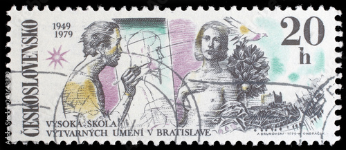 Stamp printed in the Czechoslovakia, dedicated to 30th anniversary of the Fine Arts Academy, Bratislava, shows the Artist and Model, Dove, Bratislava Castle, circa 1979