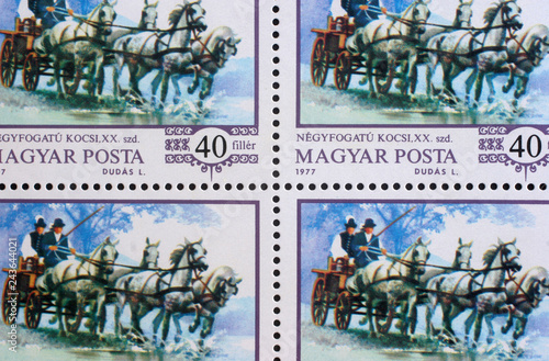 Stamp printed by Hungary  shows World champion Imre Abonyi  driving four-in-hand  circa 1977