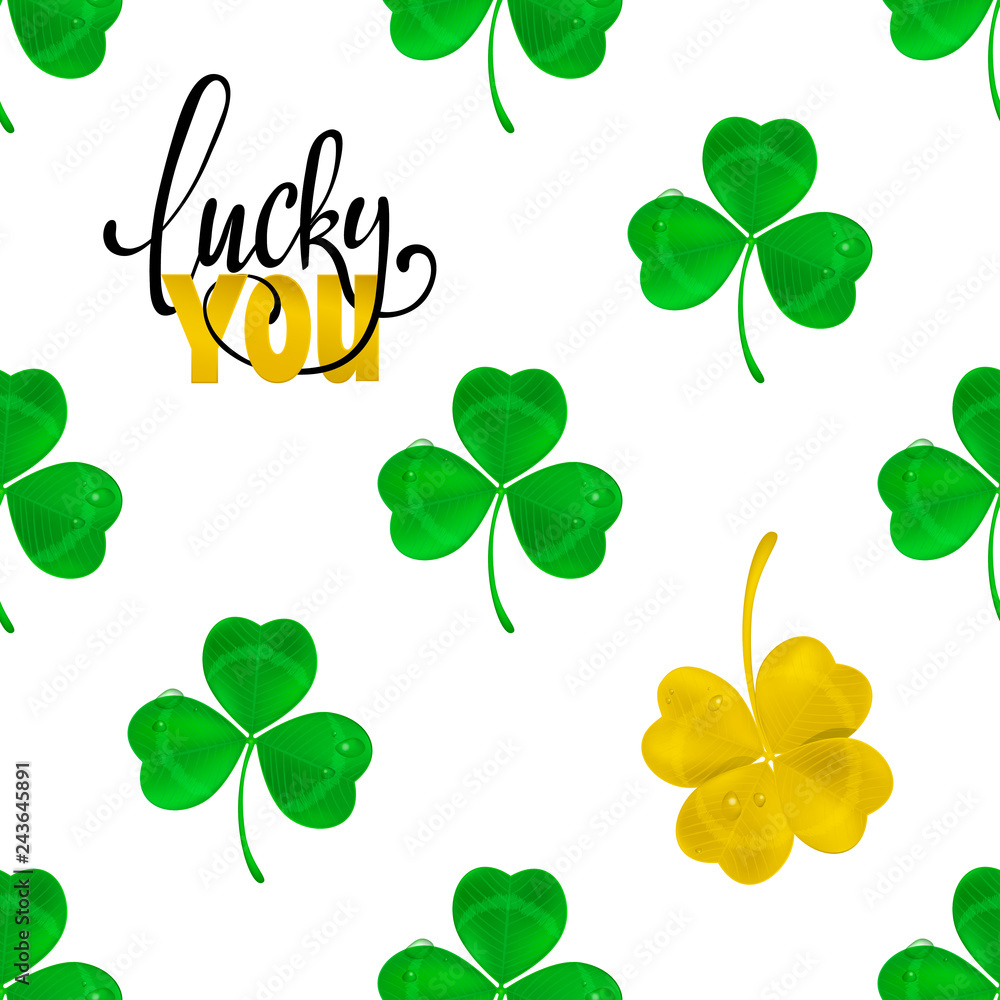 Naklejka premium Lettering Lucky you on Clover Seamless Pattern