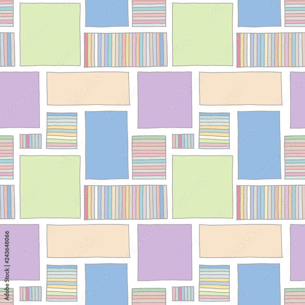 Seamless vector pattern. Colorful geometrical hand drawn background with rectangles, squares, dots. Print for decorative wallpaper, packaging, wrapping, fabric. Line drawing, graphic design