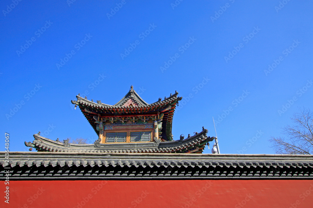 Gray roof and red walls in the Five Pagoda Temple, China Gray roof and red walls in the Five Pagoda Temple, China