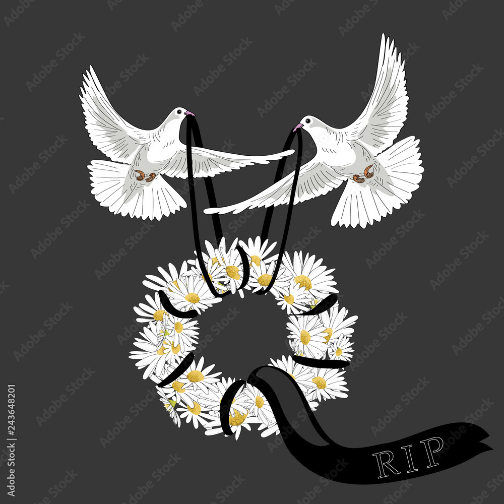 Two white pigeons flying with flower wreath with black ribbon ...