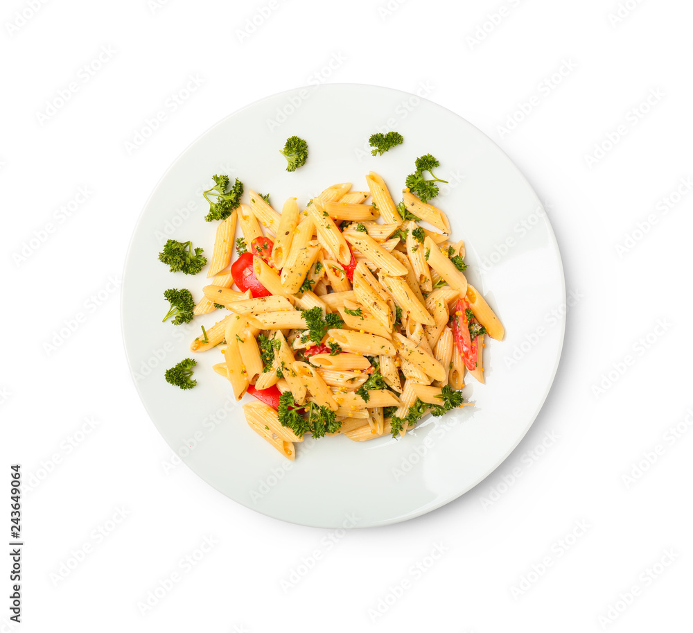 Plate with tasty pasta on white background Plate with tasty pasta on white background