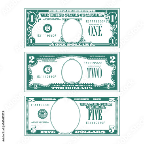 Three simplified stylized bills with no faces in their respective ovals.  