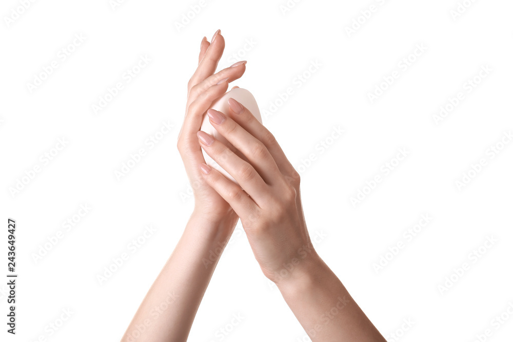 Female hands with soap on white background Female hands with soap on white background