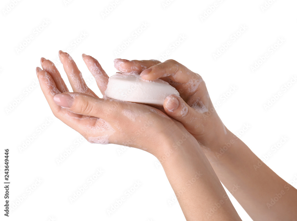 Female hands with soap on white background Female hands with soap on white background