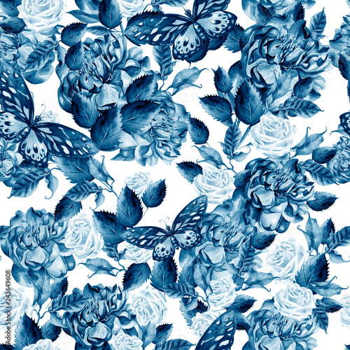 Watercolor pattern with green leaves, peony and roses flowers.