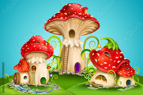 Magic mushroom group. fairy houses red mushrooms with water mill, golden bell and owls