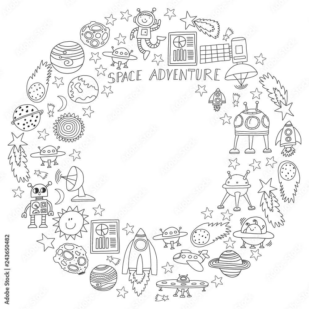 Vector set of space elements icons in doodle style. Painted, black monochrome, pictures on a piece of paper on white background. Vector set of space elements icons in doodle style. Painted, black monochrome, pictures on a piece of paper on white background.