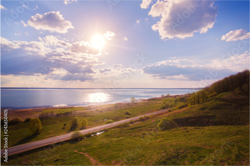  beautiful view of Pleshcheyevo lake at sunset with expensive view from the shaft of the settlement photo