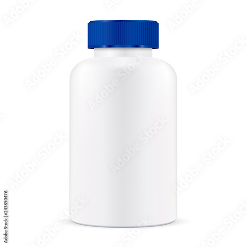 Pill Bottle. Blue Lid White Plastic Medicine Container for Vitamin, Supplement, Aspirin and other Capsule Pharmaceutical Product. Empty Round Packaging Realistic Mockup for Cure. Medication Drug Pack.