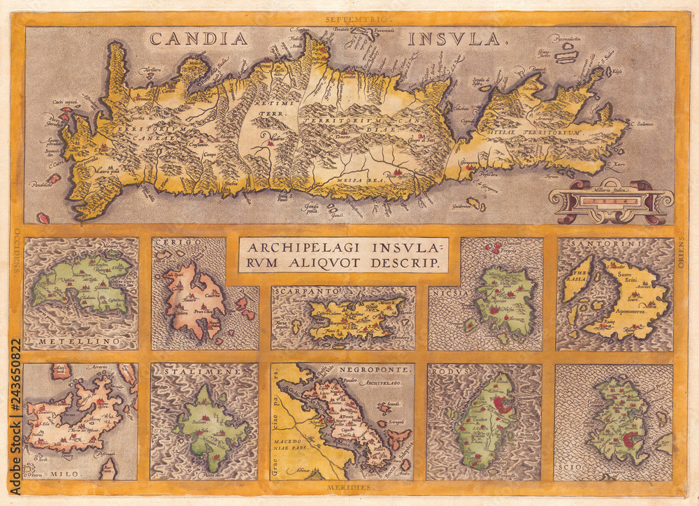1584, Ortelius Map of Crete, Candia and 10 Greek Islands, Abraham Ortelius, also Orthellius, 1527 – 1598, Flemish, Netherlandish cartographer and geographer
