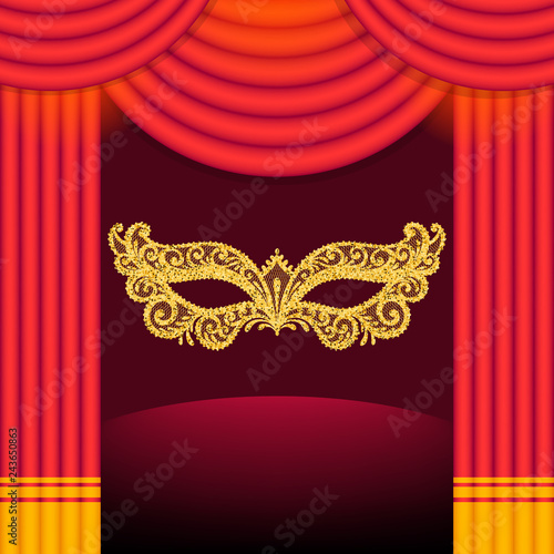 Illustration with carnival mask on the background of theatrical scenes and curtain. Can be used as a background for text