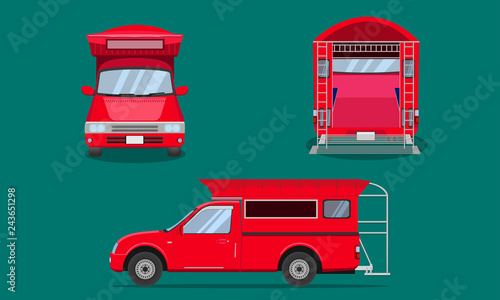 red pickup truck with car steel grating plastic top cover passenger front side back view transport chiang mai vector illustration eps10