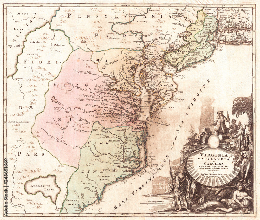 1715, Homann Map of Carolina, Virginia, Maryland and New Jersey