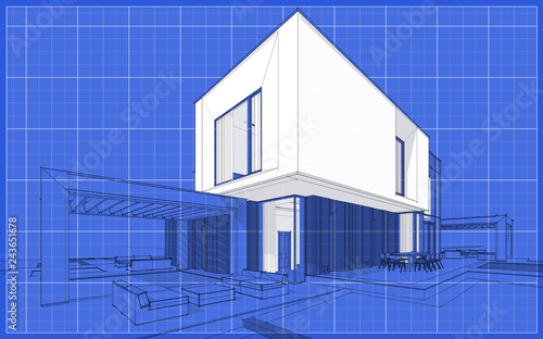 3d rendering sketch of modern cozy house in garden with garage for sale or rent. Graphics black line sketch with white spot on blueprint background © korisbo