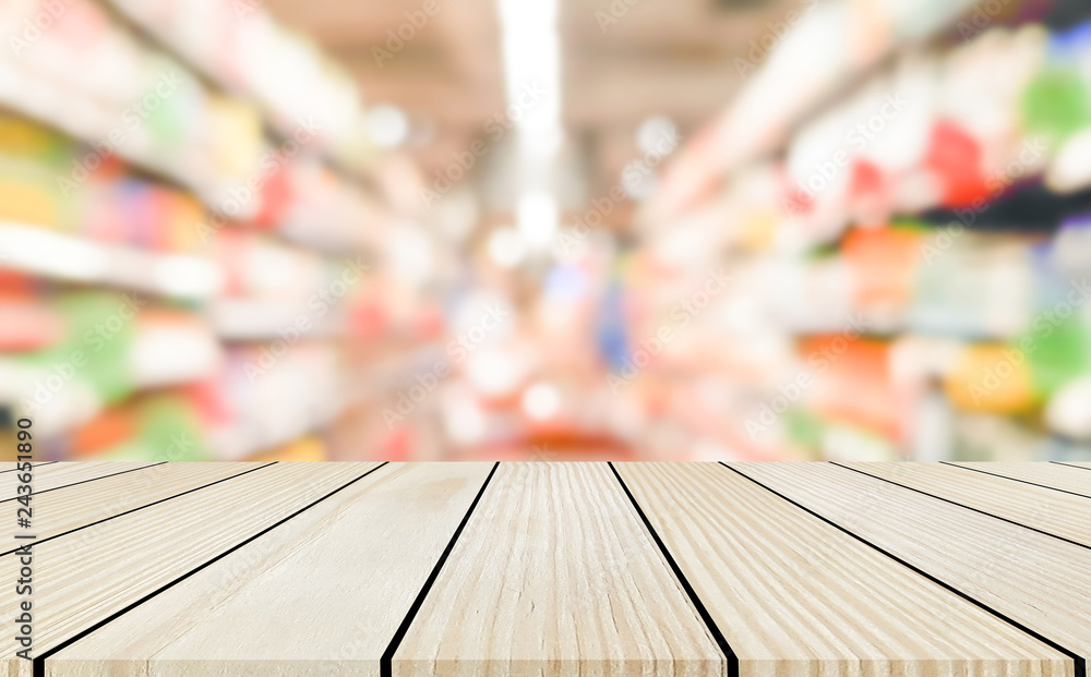 abstract blurred supermarket shelf with brown color wood panel plank perspective.show advertise on display backdrop concept.