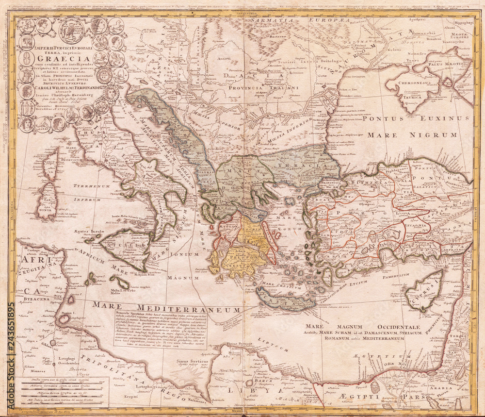 Naklejka premium Stara mapa starożytnej Grecji i wschodniej części Morza Śródziemnego, 1741, spadkobiercy Homanna