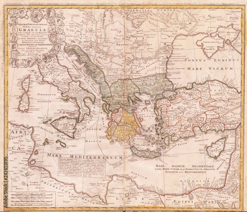 Old Map of Ancient Greece and the Eastern Mediterranean, 1741, Homann Heirs
