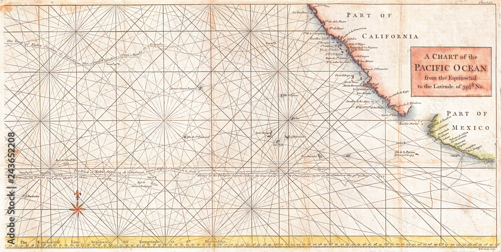Obraz premium 1748, Anson Map of Baja California and the Pacific wandandx2F, Trade Routes from Acapulco to Manila