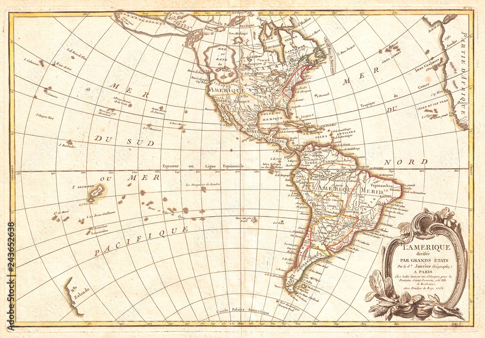 1762, Janvier Map of North America and South America, Sea of the West