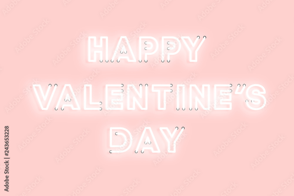 Happy Valentine's Day pink neon electric letters illustration. Concept of advertising for seasonal offer with glowing neon text.