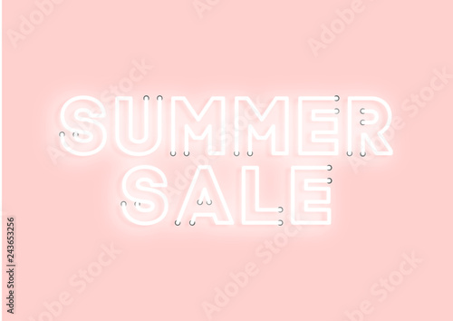 Summer sale pink neon electric letters illustration. Concept of advertising for seasonal offer with glowing neon text.