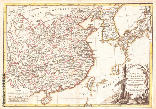 1770, Bonne Map of China, Korea, Japan and Formosa, Rigobert Bonne 1727 – 1794, one of the most important cartographers of the late 18th century