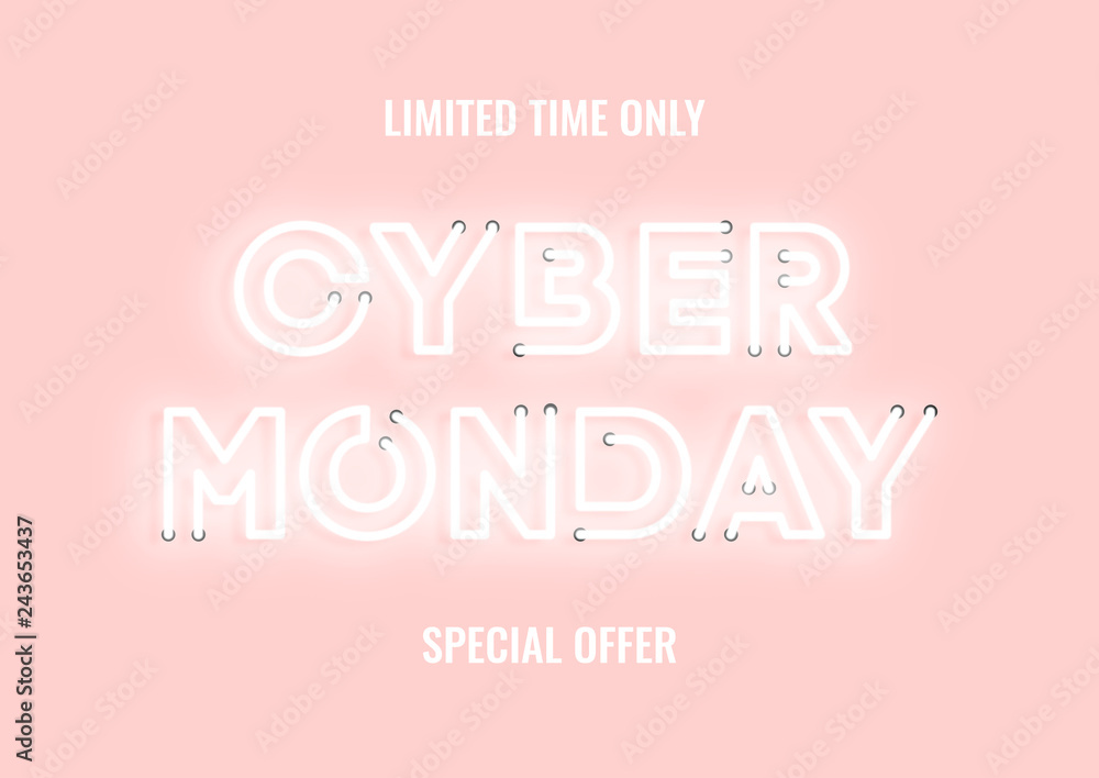 Cyber monday sale pink neon electric letters illustration. Concept of advertising for seasonal offer with glowing neon text.