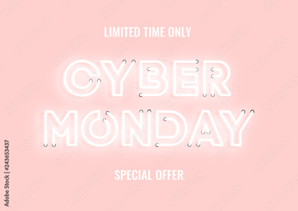Cyber monday sale pink neon electric letters illustration. Concept of advertising for seasonal offer with glowing neon text. Cyber monday sale pink neon electric letters illustration. Concept of advertising for seasonal offer with glowing neon text.