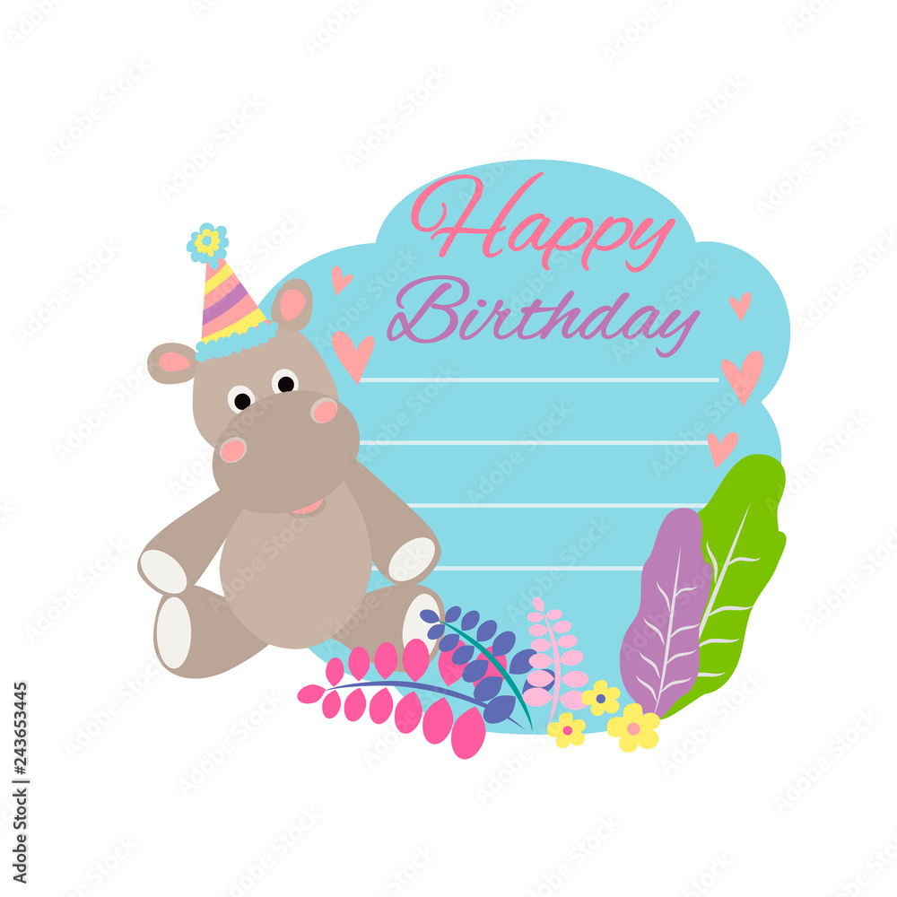 Greeting card happy birthday with cute little hippopotamus and place under your text. Vector illustrattion. Greeting card happy birthday with cute little hippopotamus and place under your text. Vector illustrattion.