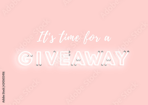 Giveaway pink neon electric letters illustration. Concept of advertising for seasonal offer with glowing neon text.