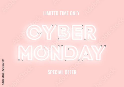 Cyber monday sale pink neon electric letters illustration. Concept of advertising for seasonal offer with glowing neon text.