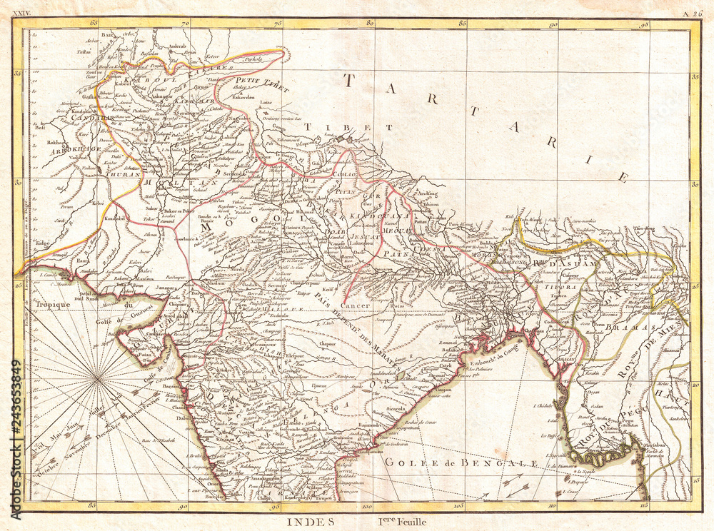 Obraz premium 1770, Bonne Map of Northern India, Burma and Pakistan, Rigobert Bonne 1727 – 1794, one of the most important cartographers of the late 18th century