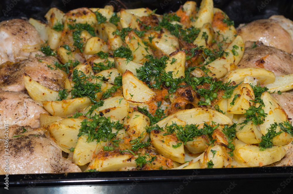 fried potatoes in chicken sprinkled with fresh herbs fried potatoes in chicken sprinkled with fresh herbs