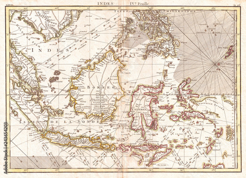 1770, Bonne Map of the East Indies, Java, Sumatra, Borneo, Singapore, Rigobert Bonne 1727 – 1794, one of the most important cartographers of the late 18th century