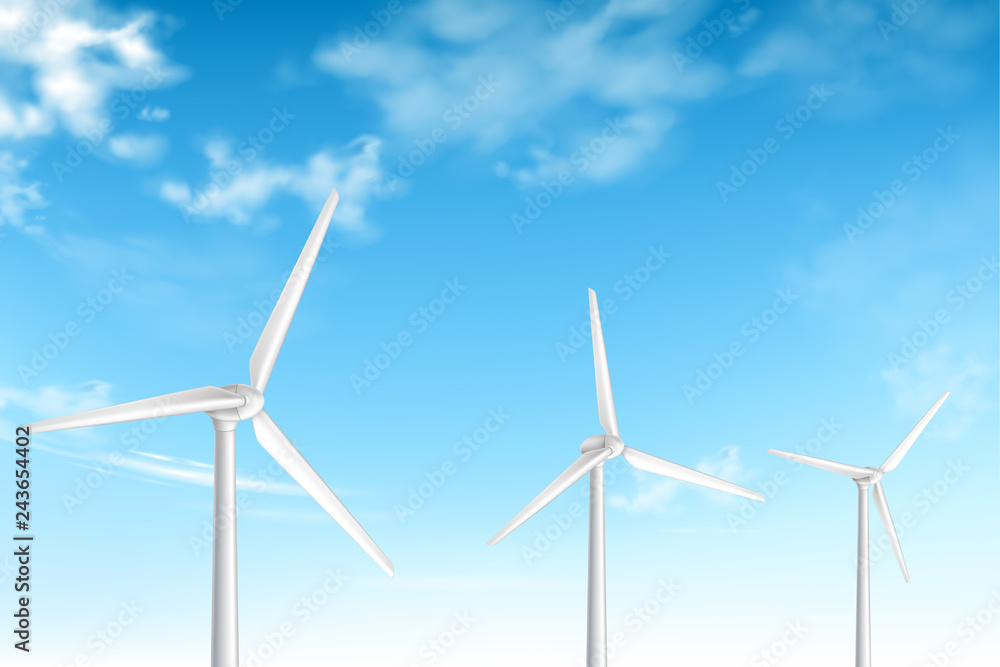 Wind turbines on cloudy blue sky background realistic vector illustration. Renewable clean energy source. Electricity generation technology. Sustainable development, environment protection. Wind farm Wind turbines on cloudy blue sky background realistic vector illustration. Renewable clean energy source. Electricity generation technology. Sustainable development, environment protection. Wind farm
