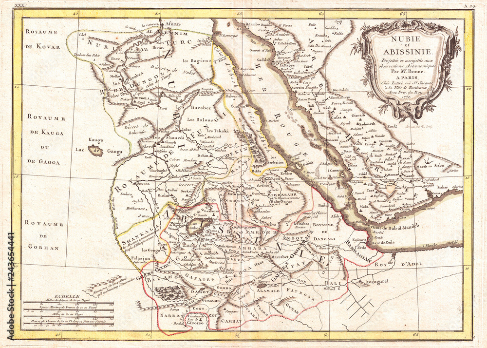 1771, Bonne Map of Abyssinia, Ethiopia, Sudan and the Red Sea, Rigobert Bonne 1727 – 1794, one of the most important cartographers of the late 18th century
