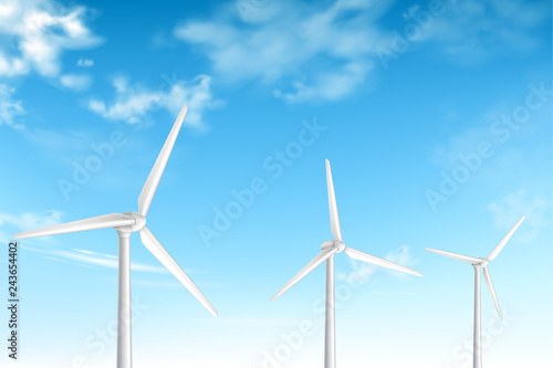 Wind turbines on cloudy blue sky background realistic vector illustration. Renewable clean energy source. Electricity generation technology. Sustainable development, environment protection. Wind farm